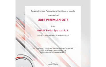 Firma Awilux z tytułem LIDERA PRZEMIAN
